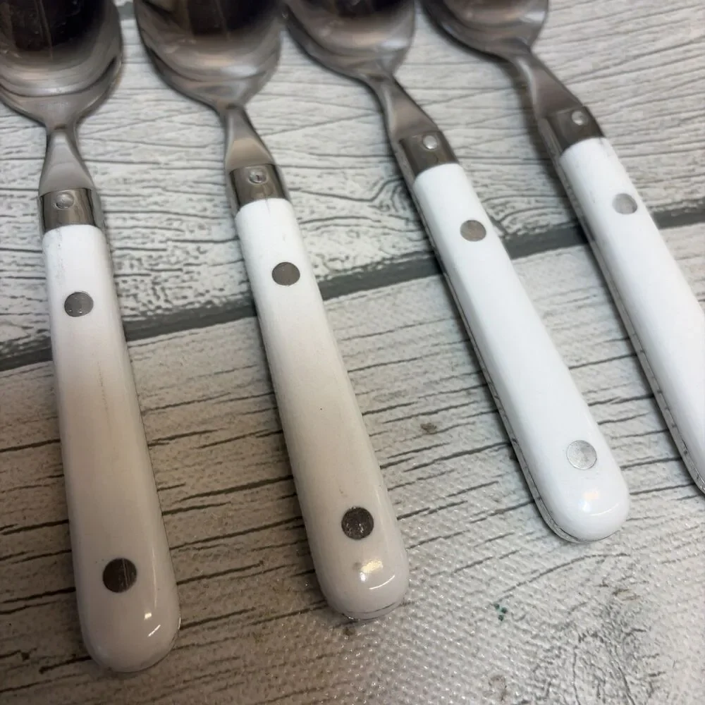 Vintage Flatware 8Teaspoons Stainless Korea White Handle